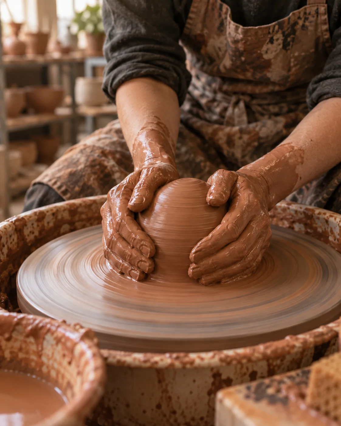 Clay-covered hands shape a vessel on a spinning pottery wheel in a sunlit studio.
