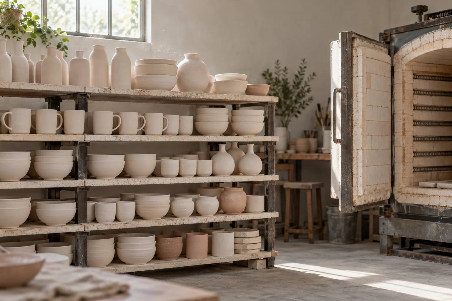 Shelves of pale ceramic cups, bowls and vases beside an open kiln in a sunlit pottery studio.